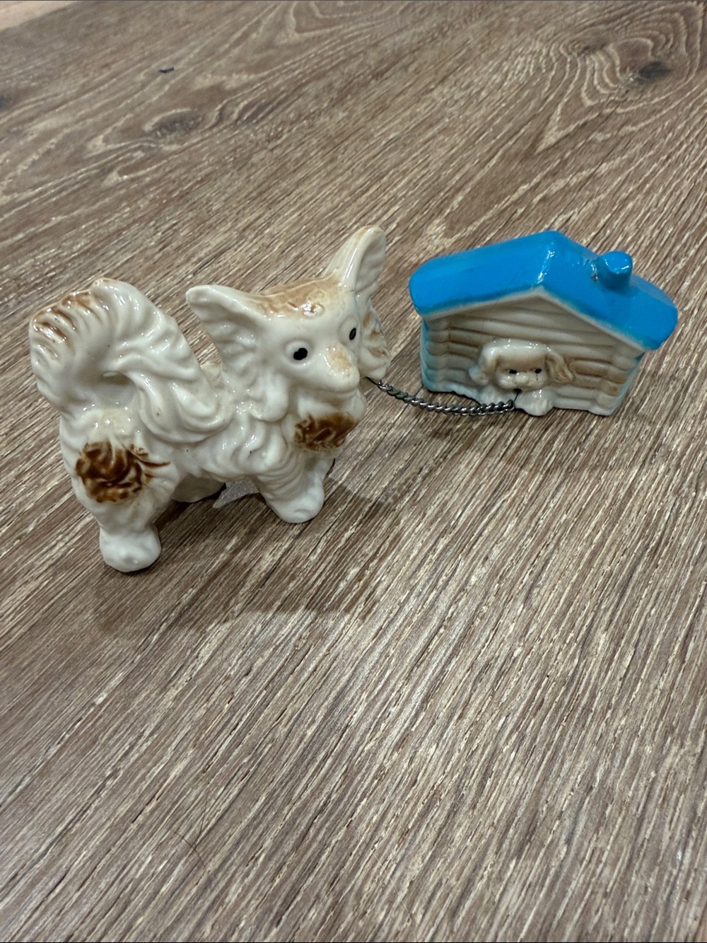 Ceramic White and Brown Dog Figurine with Blue Doghouse Accessory